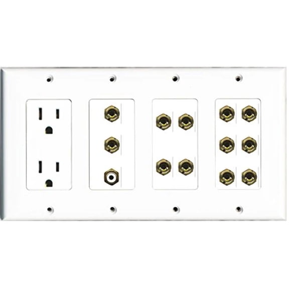 RiteAV - (4 Gang 15A Power Outlet RCA (White) 12 Banana (for 6 Speaker) Wall Plate White