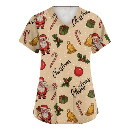 Christmas Scrub for Women Plus Size Short Sleeve Xmas Tops V Neck Xmas Graphic Tees Nurse Scrubs Medical Workwear Uniform