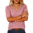 thumbnail image 5 of Womens Short Sleeve Sweater Summer V Neck Tops Casual Knit Shirts Lightweight Pullover Tops Pink XL, 5 of 5