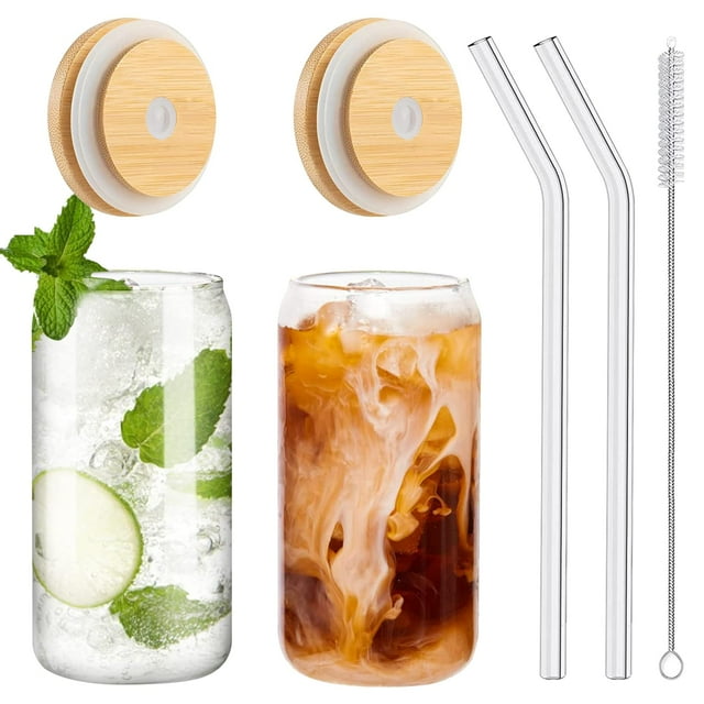 WISIMMALL Vasos para beber con tapas de bambú y pajita de vidrio, juego de 2 piezas, vasos de vidrio de 16 oz con tapas y pajitas, vasos de cerveza, vasos de café helado, refrescos, regalo 1 cepillos