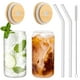 thumbnail image 1 of WISIMMALL Vasos para beber con tapas de bambú y pajita de vidrio, juego de 2 piezas, vasos de vidrio de 16 oz con tapas y pajitas, vasos de cerveza, vasos de café helado, refrescos, regalo 1 cepillos, 1 of 5