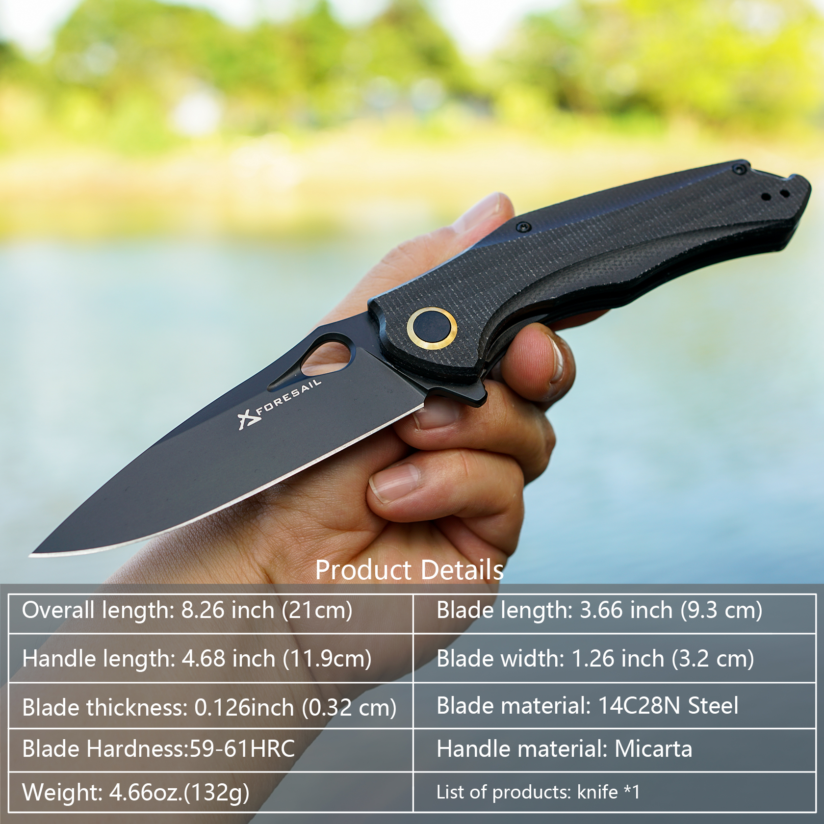 FORESAIL Praxis Pocket Folding Knife 3.62"14c28n Blade,4.8" Micarta handle.with Pocket Clip.