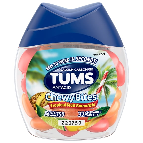 Tums Chewy Bites Chewable Antacid Tablets for Heartburn Relief, Tropical Fruit Smoothie - 32 Count