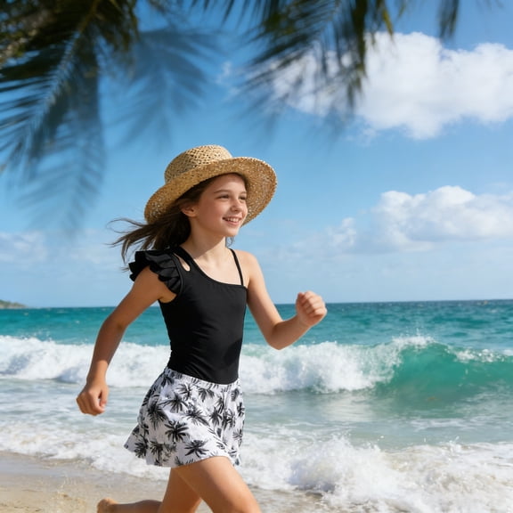 Girls Tankini Swimsuit One Piece Swimwear Top with Tropical Print Cover Up Skirt Girls Bathing Suit Swimwear (Black1,11-12 Years)