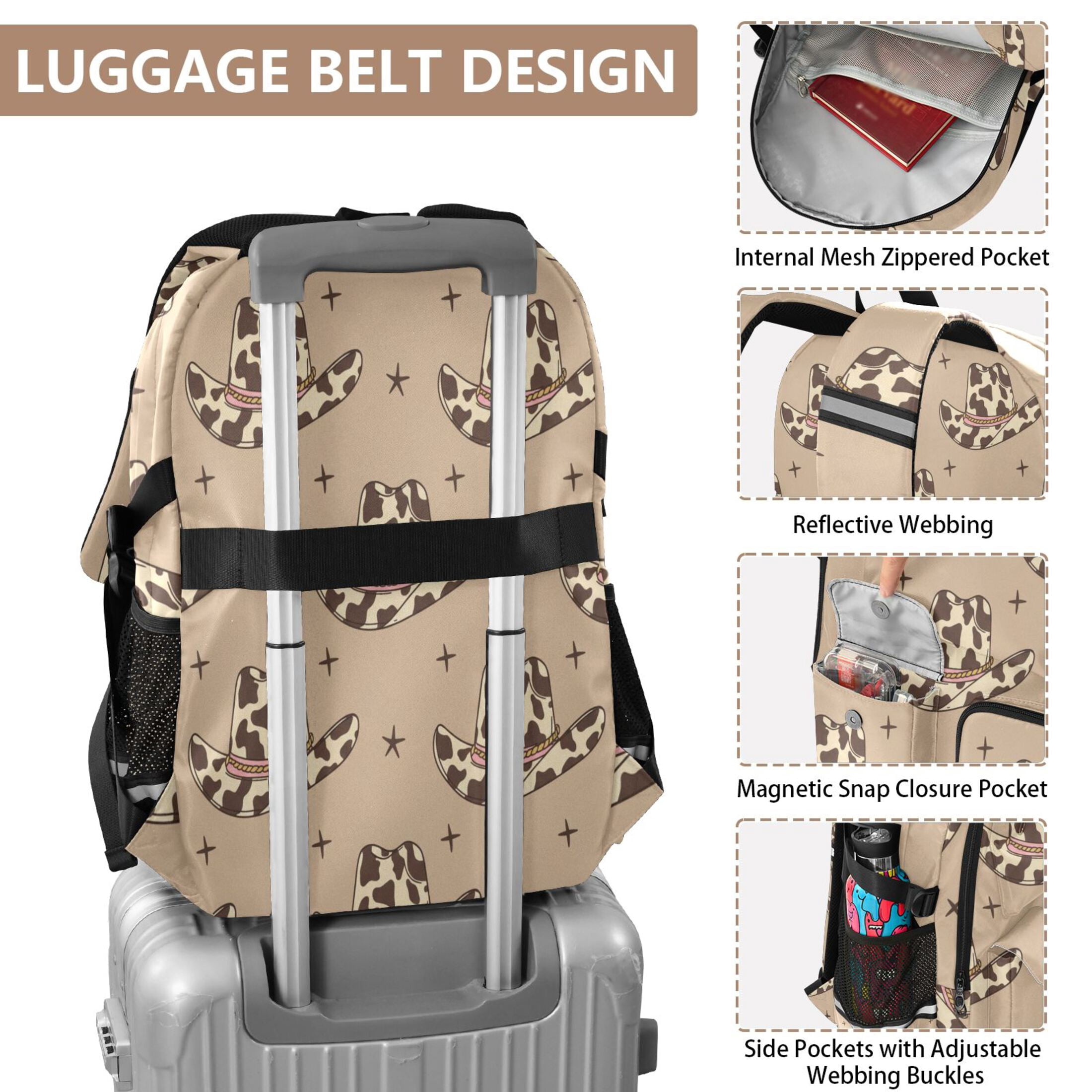 DIXRUYEE Retro Cowboy Hats with Cow Print Wild West Backpack for School 14”Laptop Compatible with Reflective Safety Strips