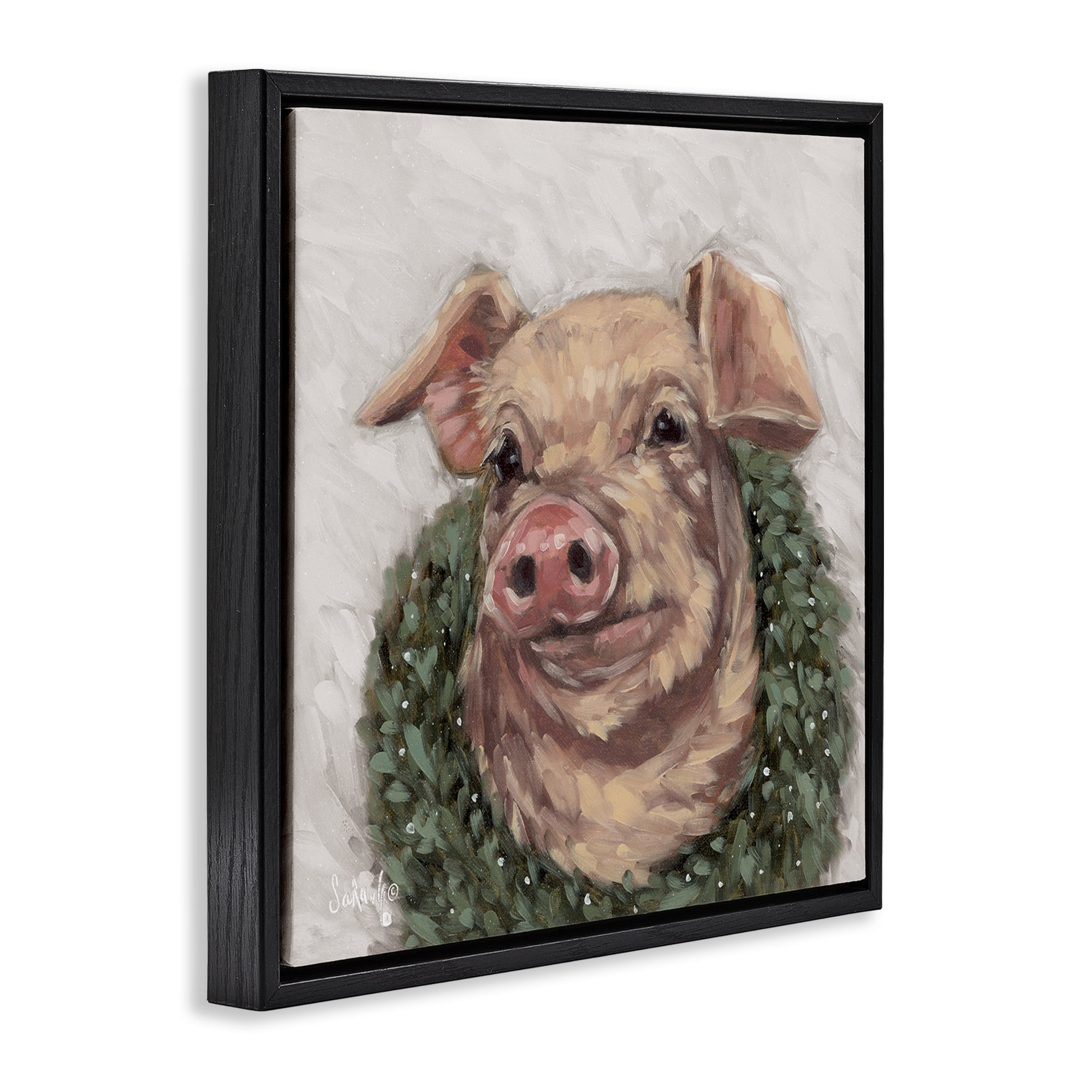 Stupell Industries Pig with Holiday Wreath Holiday Painting Black Floater Framed Canvas Art Prints Wall Art, 18 x 18