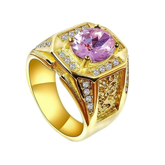 HIJONES Men's Stainless Steel Round Multicolor Gemstone Ring Circumference Sticky Zirconia Vintage Classic Chinese Gold Dragon Jewelry Pink Size 12