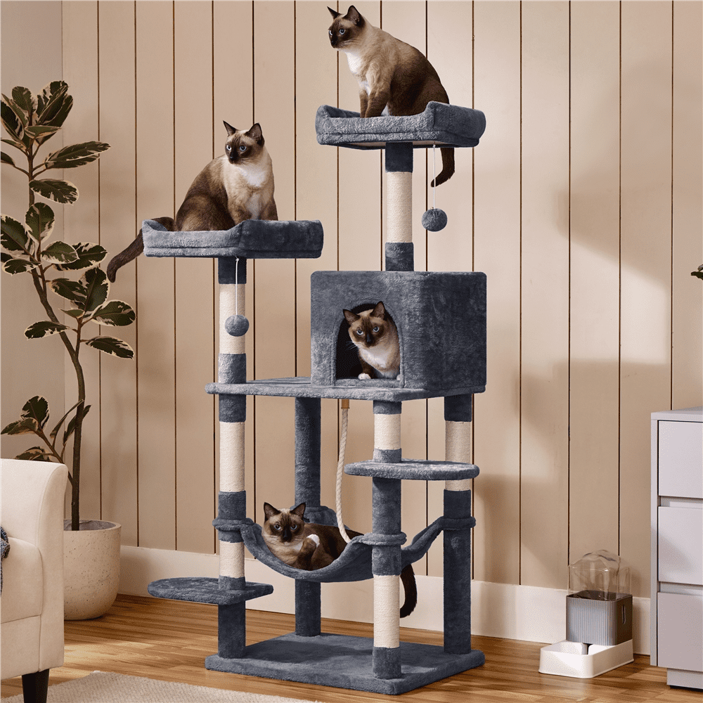 Alden Design 59" Cat Tree with Condo and Scratching Post Tower, Dark Gray