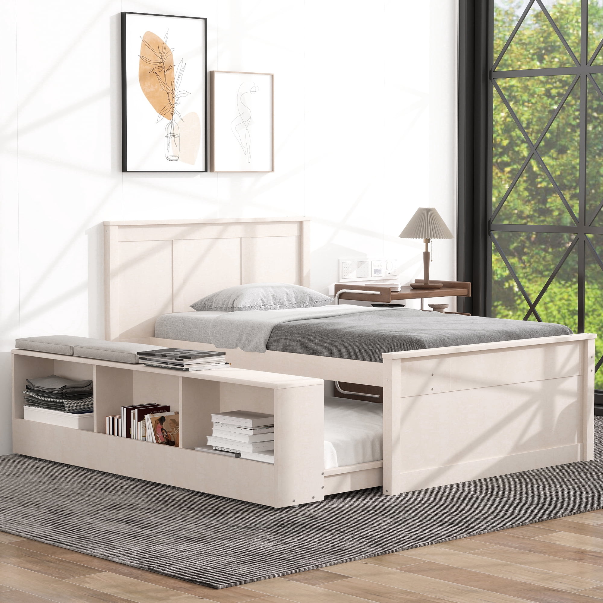 Mintazer Twin Platform Bed with Pull-Out Trundle, Modern Bookcase Bed with Storage Cabinet, No Box Spring Needed, White
