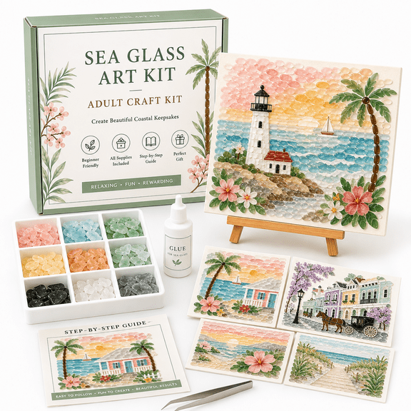 Sea Glass Art Kit for Adults, DIY Mosaic Craft Kit with Colorful Glass Stones, Handmade Decorative Wall Art for Home Decor