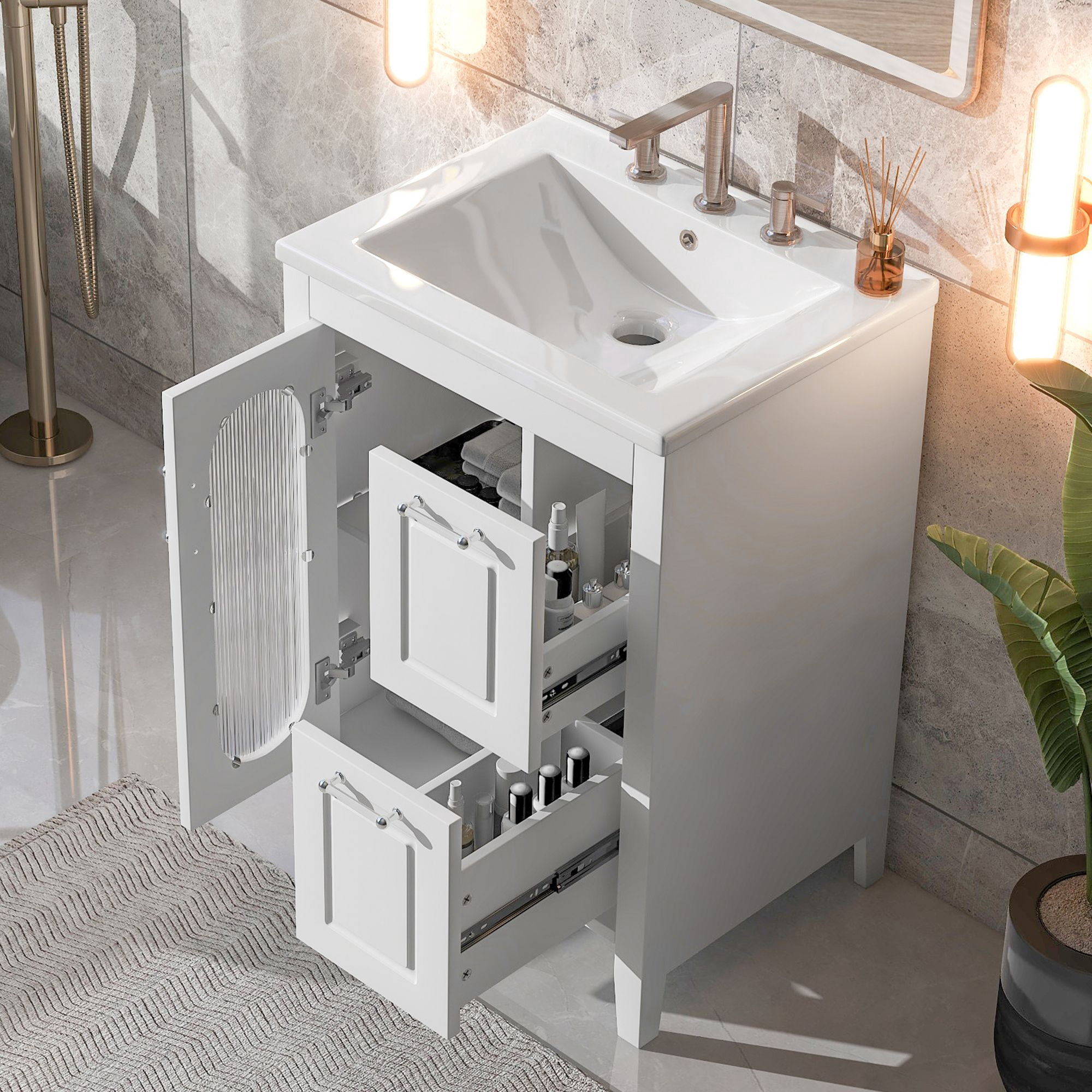 DEALTOPS Bathroom Vanity with Sink, Bathroom Vanity Storage Cabinet with Adjustable Shelf, White