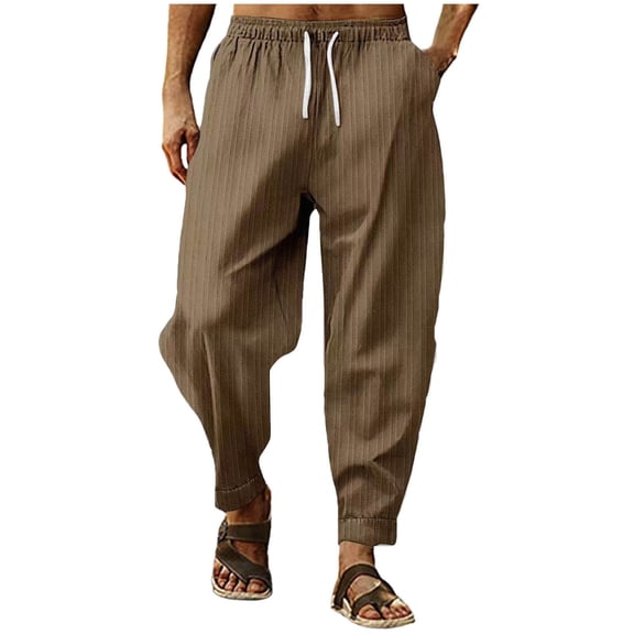 LMOIPLI Men's Breathable Linen Pants Drawstring Comfortable Thin Lightweight Sports Fitness Casual Outdoor Relaxation Wear Sweatpants Ideal for Walking and Exercise Brown M