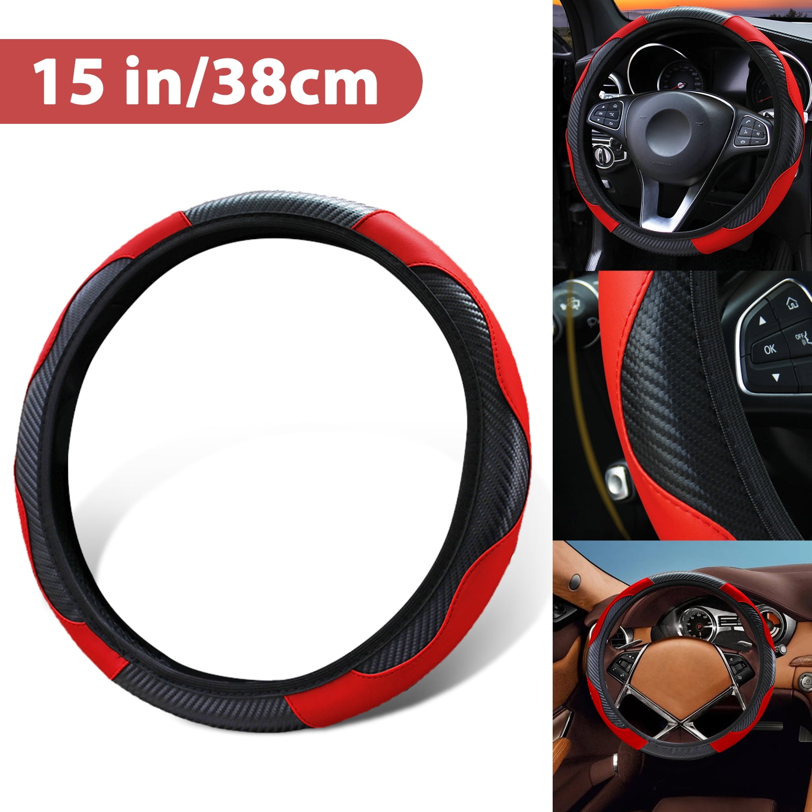 Universal 15inch Anti-Slip Odorless, TSV Car Steering Wheel Covers, Leather Steering Wheel Cover with Breathable Microfiber and Viscose for Men Women, Red Car Wheel Protector