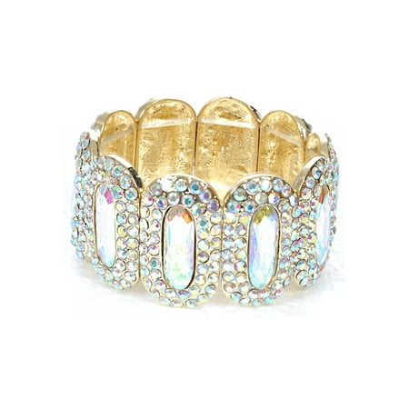 Gold Aurora Borealis Rhinestones around Aurora Borealis Oval Shapes Stretch Bracelet