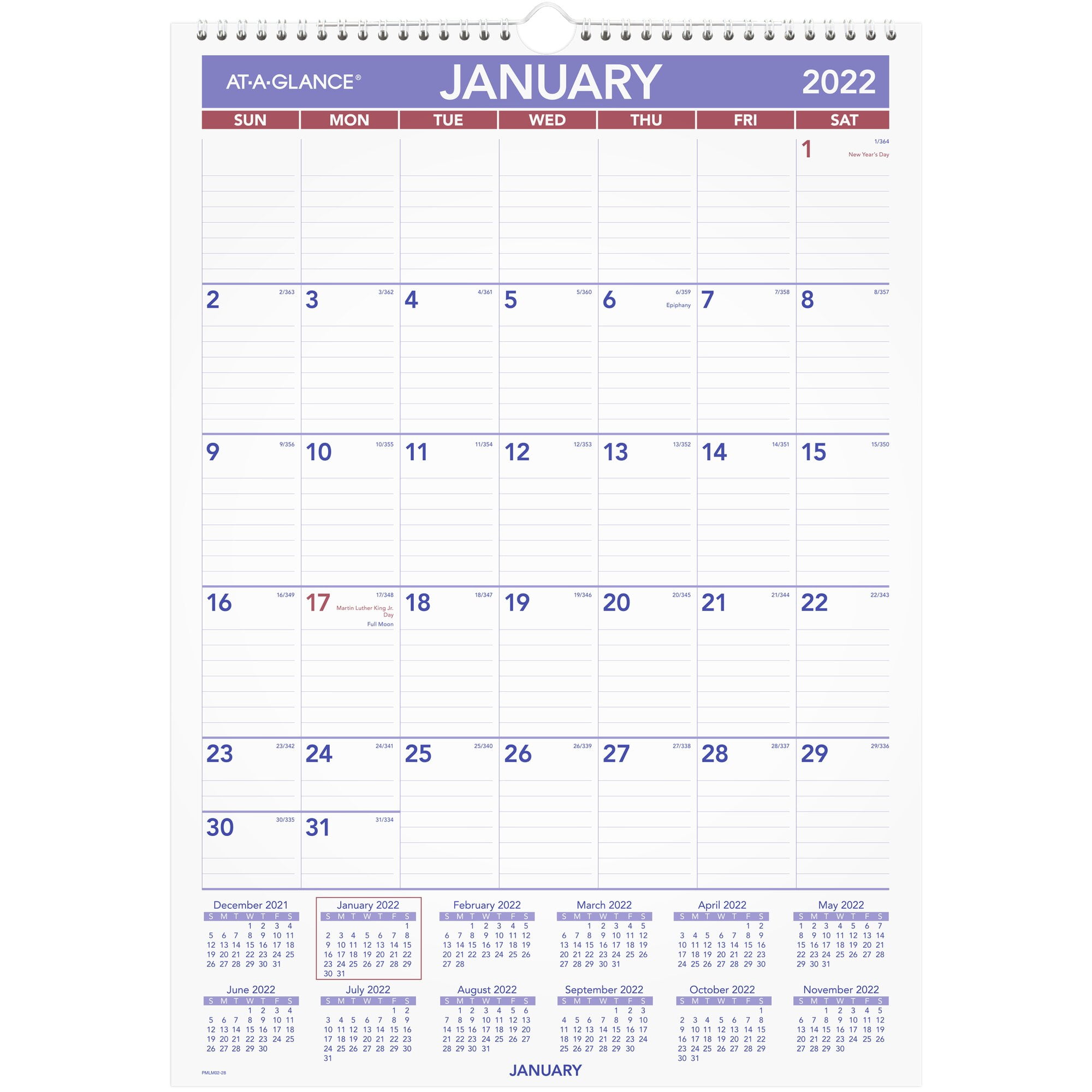 AT-A-GLANCE Erasable Monthly Wall Calendar, 12' x 17', January 2022 to December 2022 - PMLM022822