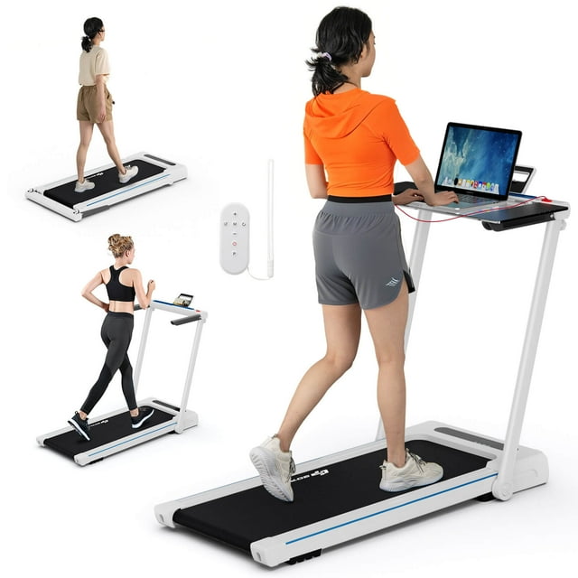 Goplus Tapis Roulant Pliant 3-en-1 2,25 Hp avec Table Haut-Parleur Télécommande Maison Bureau Blanc