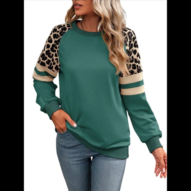 Camisas de Larga con Estampado de Leopardo para Mujer, Sudaderas Informales de Otoño con Cuello Redondo y Bloques de Color Verde Pavo Real XL