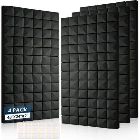 4 Pack Acoustic Panels, 48 x 24 x 2" Sound Proof Foam High Density Studio Wedge Tiles Fire Resistant Acoustic Panels for Home Office, Echo Reduction, Studio,Noise Dampening (Black-4 Pack)