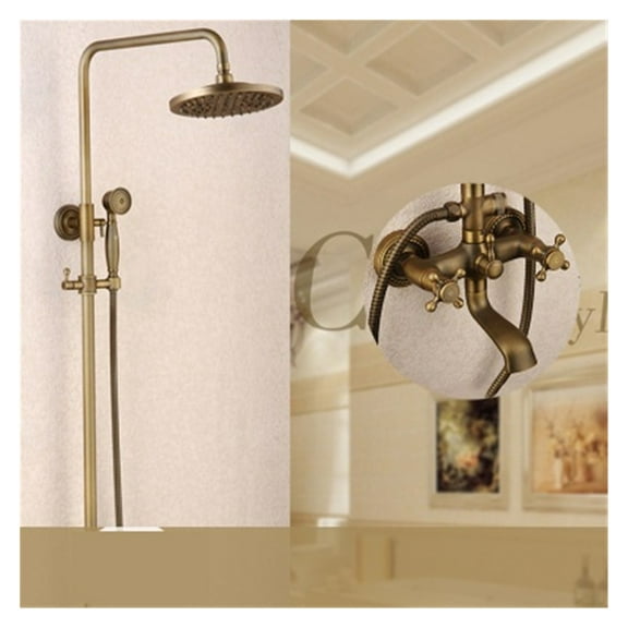 Classic Shower Set Antique Brass Bathroom Shower Faucet System Set Rainfall Shower Head Handheld Spray 2 Knobs Mixing ,360° Swivel Spout