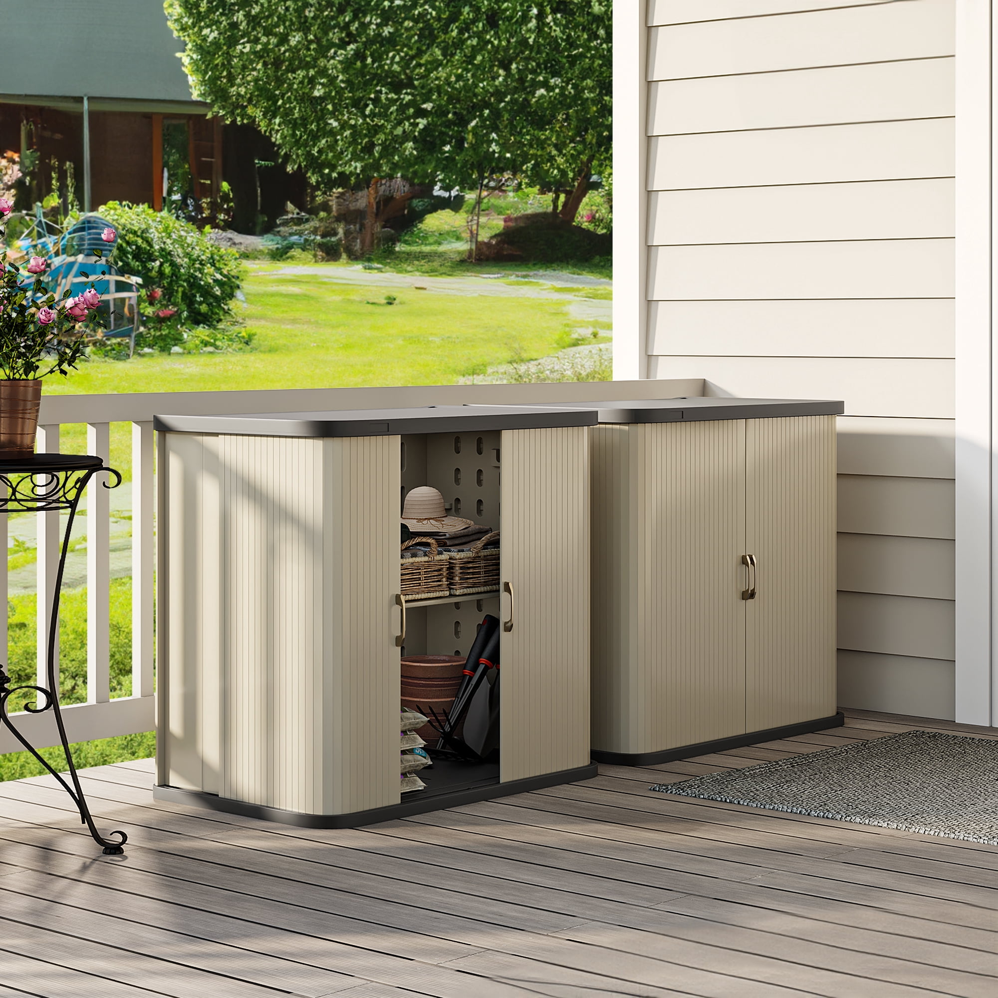 Uforic 73 Gal Large Weatherproof Outdoor Storage Cabinet, Dual-Wall Resin with Sliding Doors, Light Gray