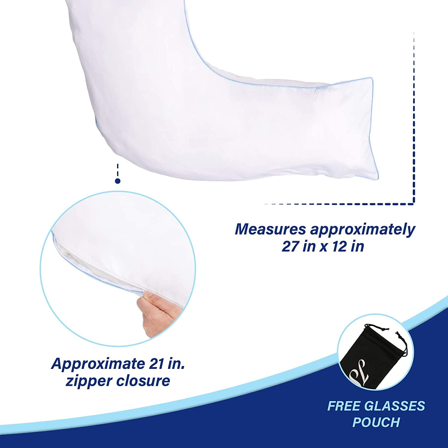 L  Pillow Case ver - 2 Pack Boomerang Body Pillow ver with Eyeglass Pouch (White)