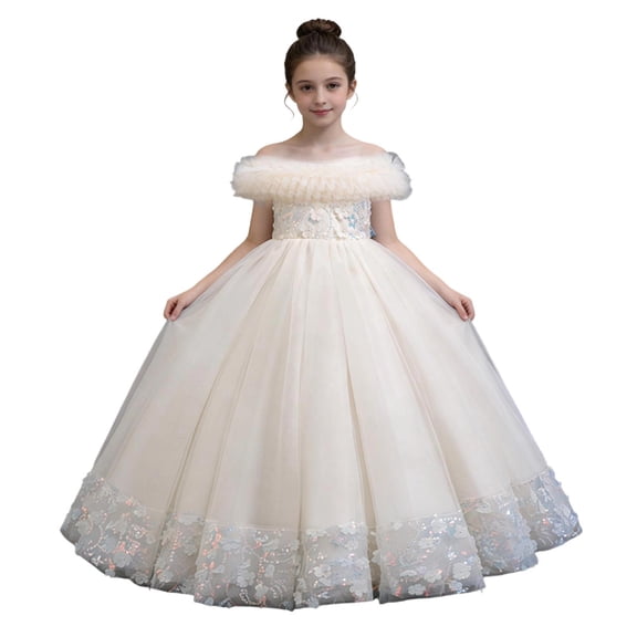 Zpanxa Girl Dress Girl's formal Pageant Ball Gown Lace Off Shoulder Short Sleeve Round Neck Wedding Dresses Beige 7 Years