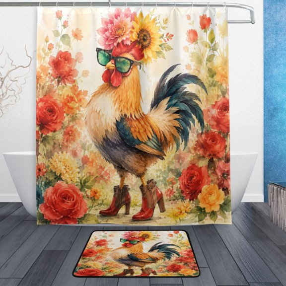 TTYFWHD 60" x 72" Shower Curtain and Bath Mat Set Stylish Rooster Pattern Waterproof Bathroom Curtain with 12 Hooks, Bathroom Decor Set