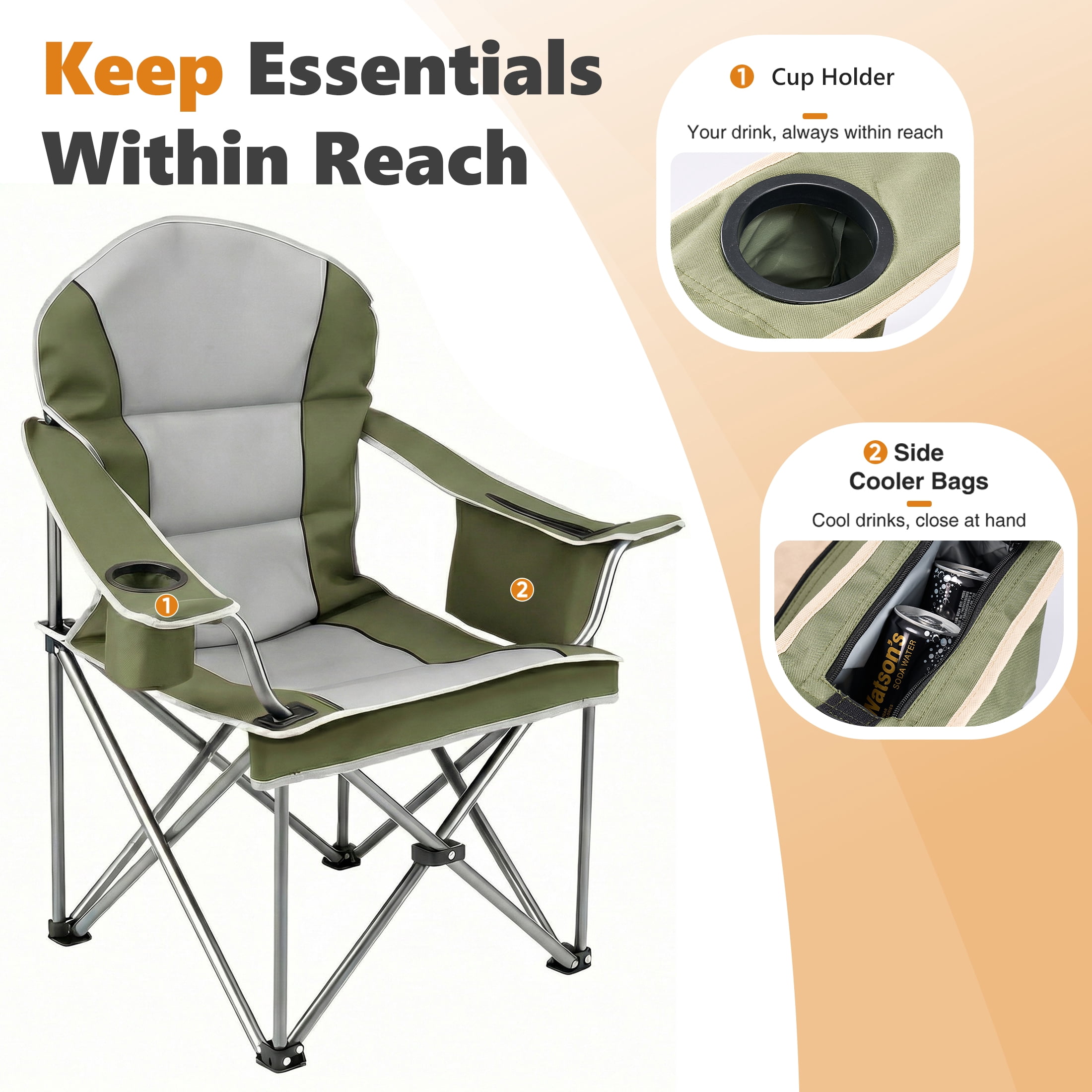 EDX Heavy Duty Camping Chair 500 lb Capacity, Oversized Extra Wide for Adults, Padded High Back Folding Lawn Chair, 500 lbs Steel Frame, Portable Outdoor Camping Chair with Cup Holder, Green
