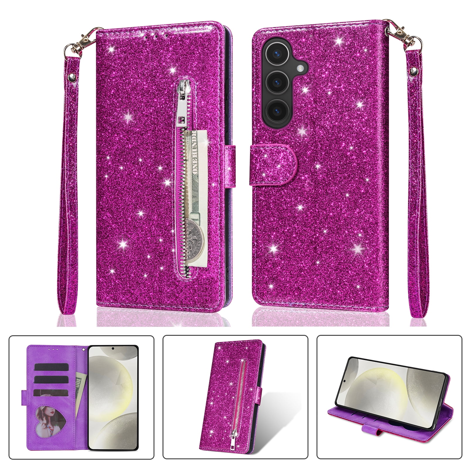 For Samsung Galaxy A17 5G Wallet Case,Glitter Sparkly Bling PU Leather Zipper Pocket with RFID Blocking Credit Card Holder Slots Shockproof Magnetic Clasp Folio Flip Stand Case,Purple