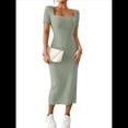 thumbnail image 3 of Vestido de Verano 2025 para Mujer, Ajustado, de Corta, Acanalado, con Abertura Lateral, de Punto y Cuello Cuadrado Verde S, 3 of 8