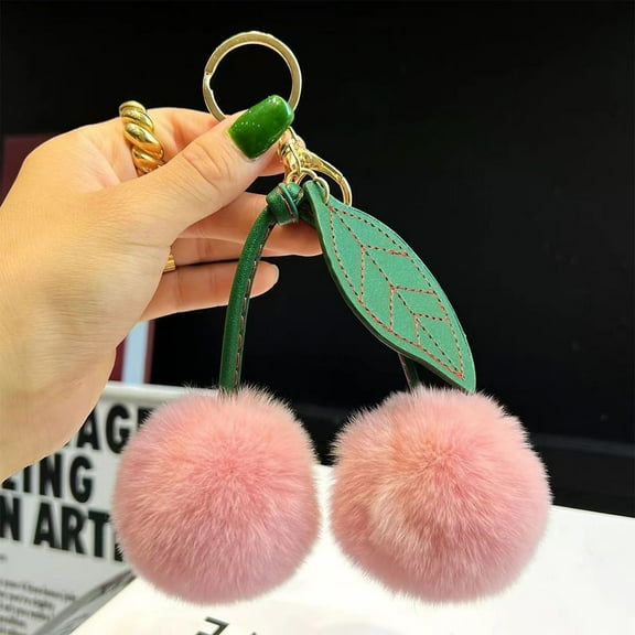 Taotanxi Cherry Plush Keychain, Cherry Fruit Keychain Plush Metal Buckle Keyring Cherry Backpack Charm, Fluffy Plush Cute Kawaii Plush Keychain for Car Keys, Purse, Handbag,Pink