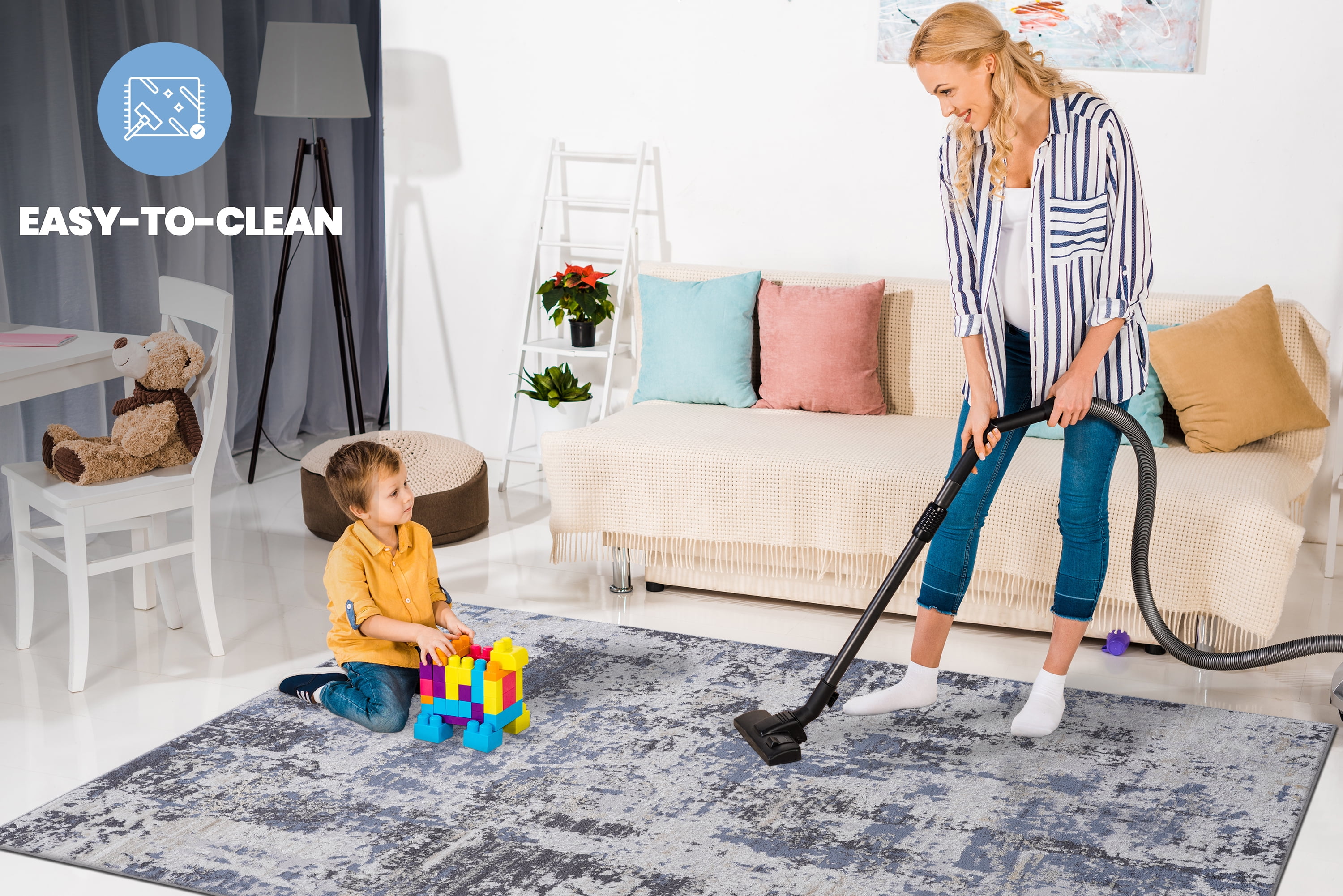 5' x 7' Grey Denim Abstract Area Rug Non-Shedding Stain Resistant Medium Pile Carpet for Living Room Bedroom Dining Room Home Office Entryway