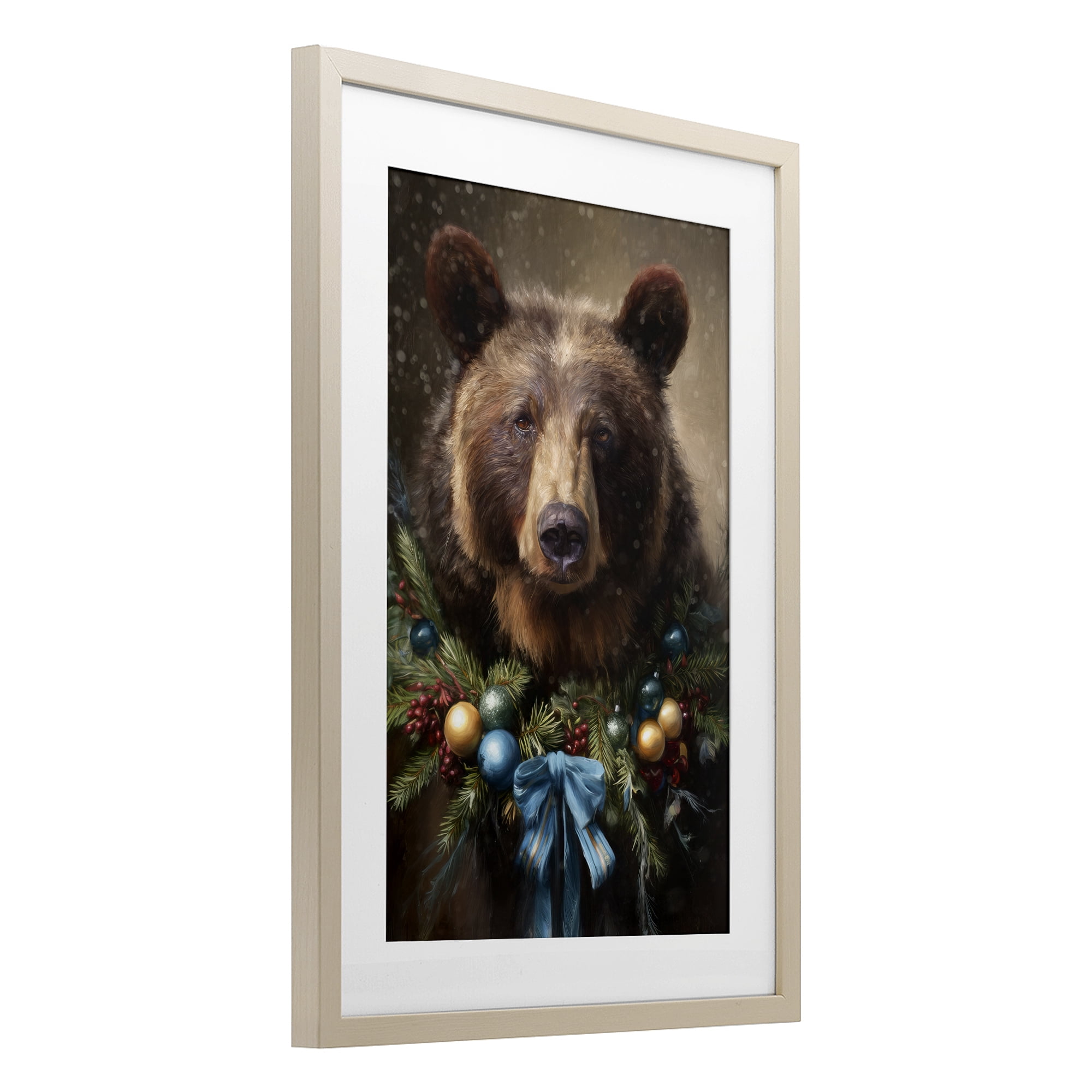 Stupell Industries Christmas Grizzly with Wreath Birch Framed Print Under Glass, design by Tina LeCour