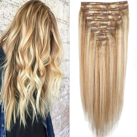 Double Weft Clip in Human Hair Extensions Thick Real Human Hair Extensions  14-16 inches Clip