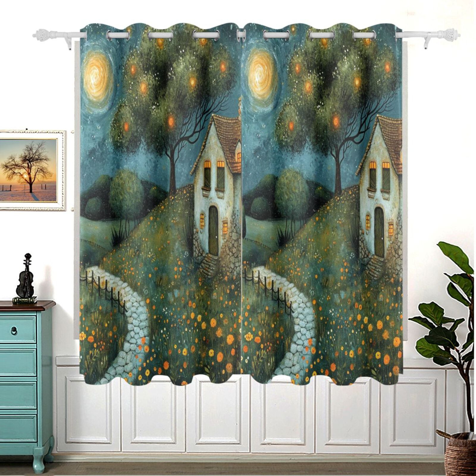 Starry Sky House Trees Gland Blackout Curtain Panels 63x55in Drapes Privacy Assured for Living room Bedroom Bathroom 2 panels set