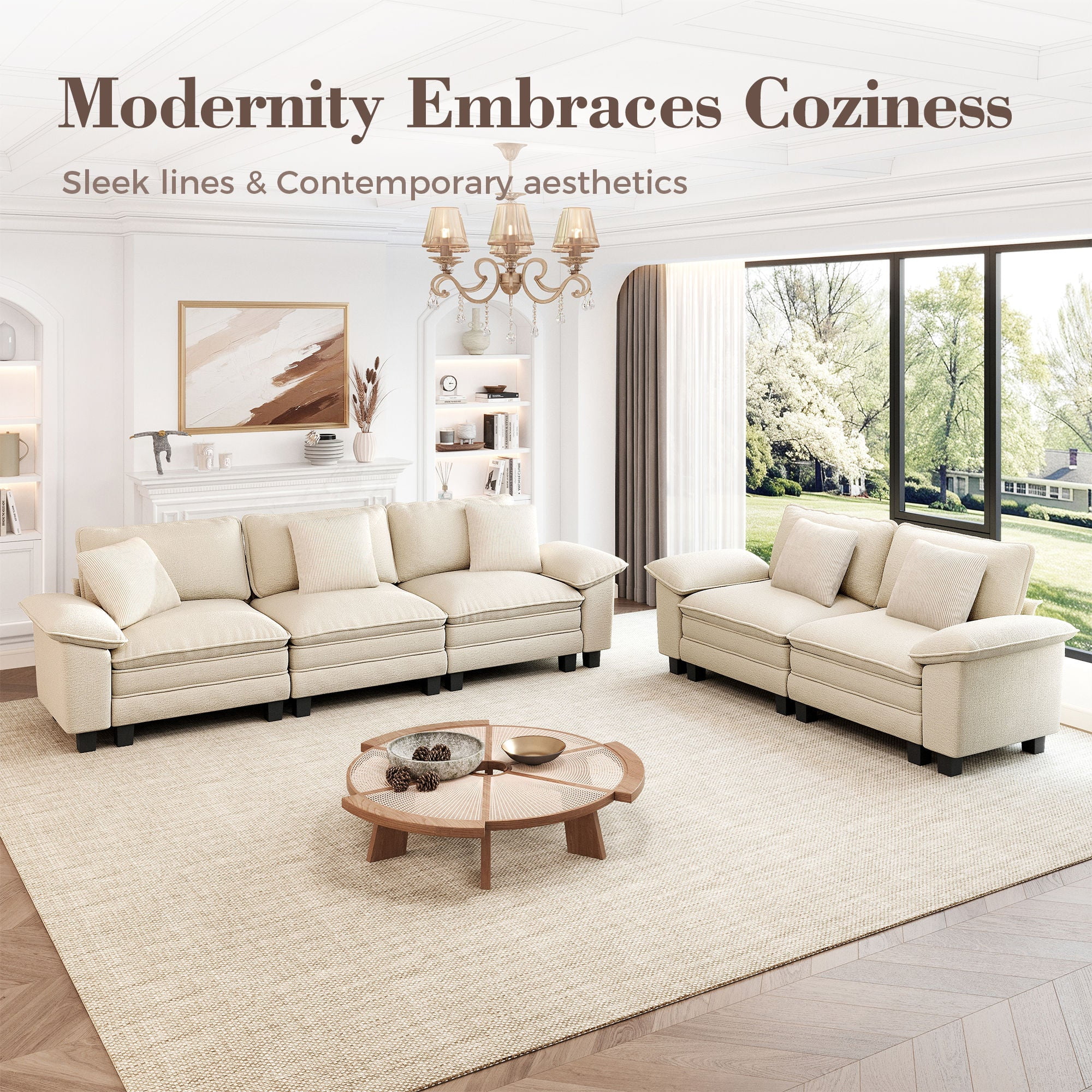MF Studio Modular Cloud Couch Set, 4-Seater Oversized Loveseat Sofa Set with Removable Armrests, Comfy Chenille Fabric, White