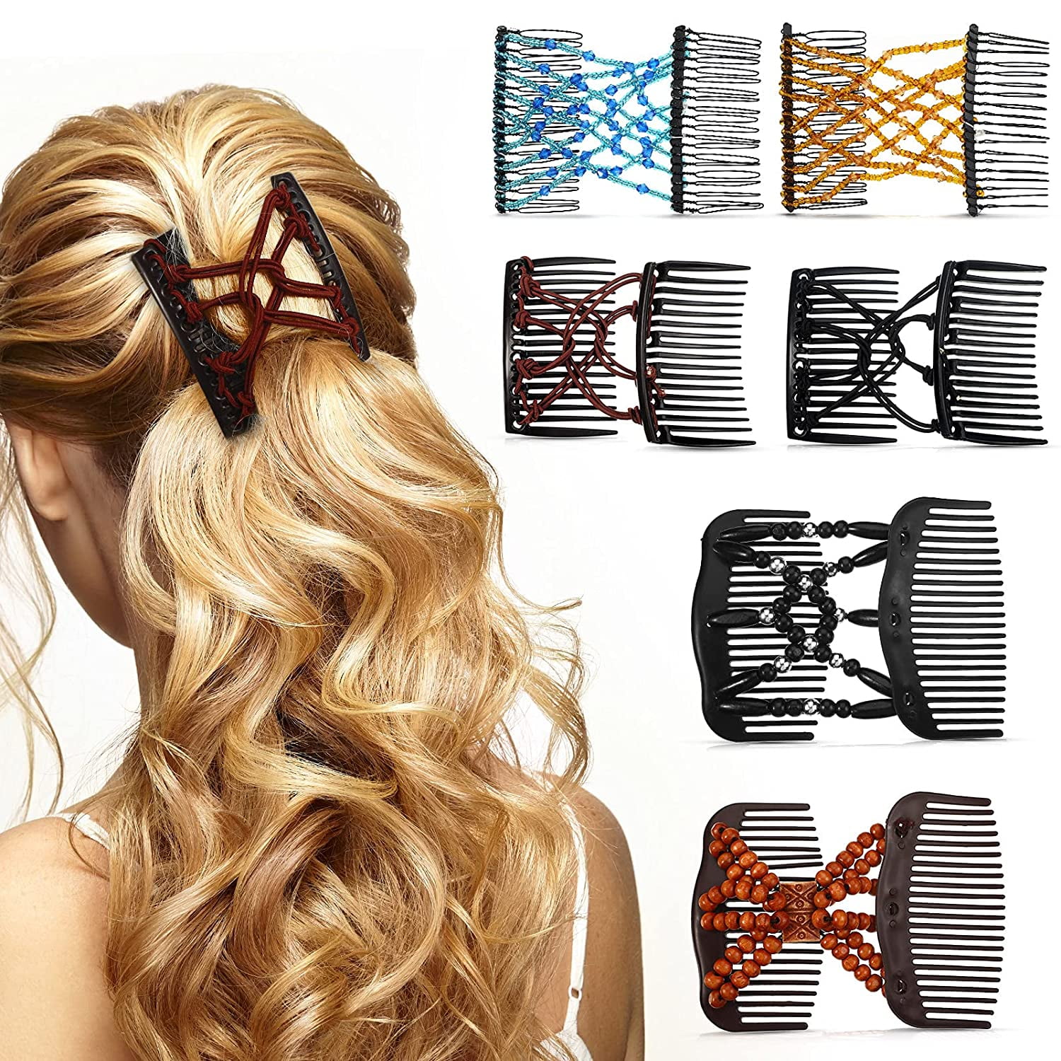 6 Pieces Magic Hair Combs Stretchy Double Comb Hair Clip Magic Beaded Double Stretching Combs Double Slides Hair Combs Magic Elastic Hair Clips for Women Ladies Girls DIY Accessories Chic Style