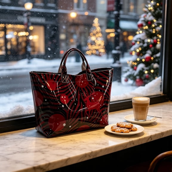 Large Waterproof PVC Christmas Tote Bag, Holiday Printed Handbag with Top Handle, Festive Gift Bag for Women