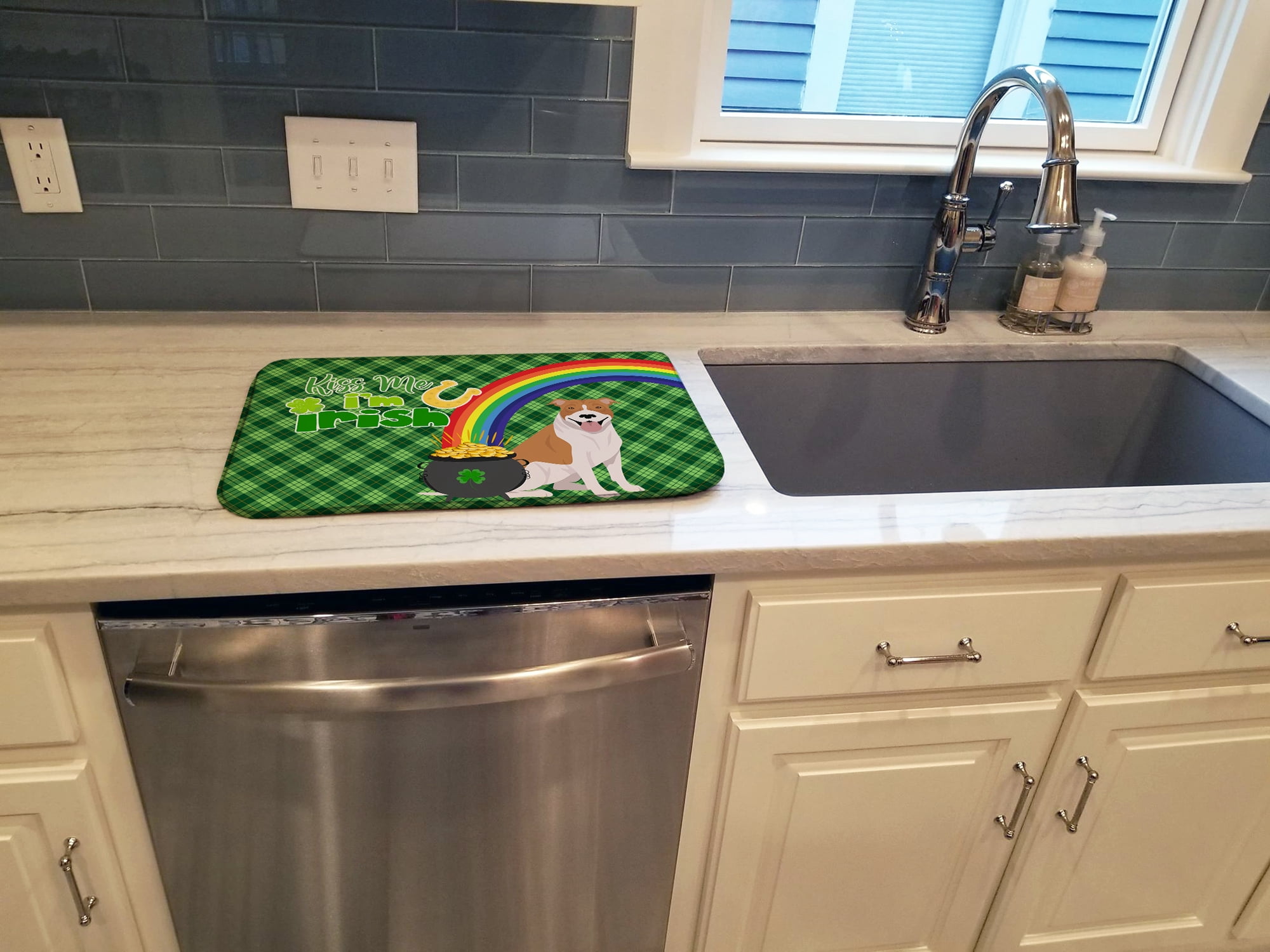 Red and White Pit Bull Terrier St. Patrick's Day Dish Drying Mat 14 in x 21 in