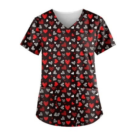 

XHJUN Womens Scrub Tops Printed Casual Short Sleeve Cute Cartoon Print Scrub Shirts with Pockets Red XXXXXL
