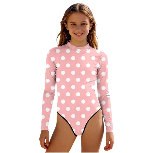 Swimsuit for Girls, Long Sleeve One Piece Rashguard, Solid Color Beach Vacation Swimsuit for Kids 2-13 Years