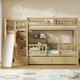 thumbnail image 4 of Harper & Bright Designs Twin Over Twin Bunk Bed with Slide and Storage Staircase, Twin Size Solid Pine Wood Bunk Bed Frame with Drawers and Guardrail, Walnut, 4 of 10