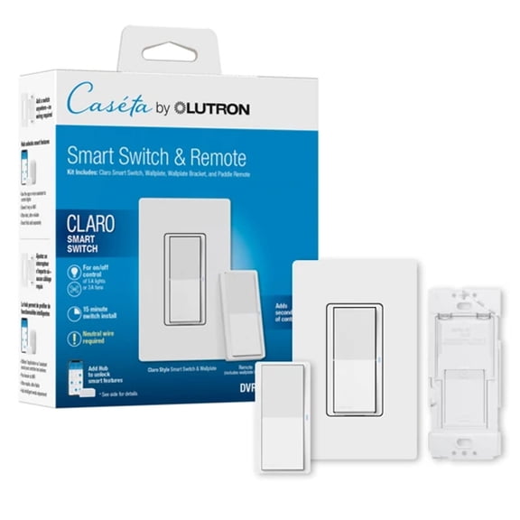 Lutron Claro Smart Switch 3-Way Kit with Pico Paddle Remote and Wire Label Stickers | Works with Alexa, Apple Home, Google Assistant (Hub Required) | Neutral Wire Required | DVRF-PKG1S-WH | White