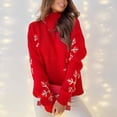 thumbnail image 3 of Suéter navideño rojo para mujer, estampado de copos de nieve, informal, suelto, de punto, de manga larga, con cuello alto, para Navidad y Año Nuevo, 3 of 5