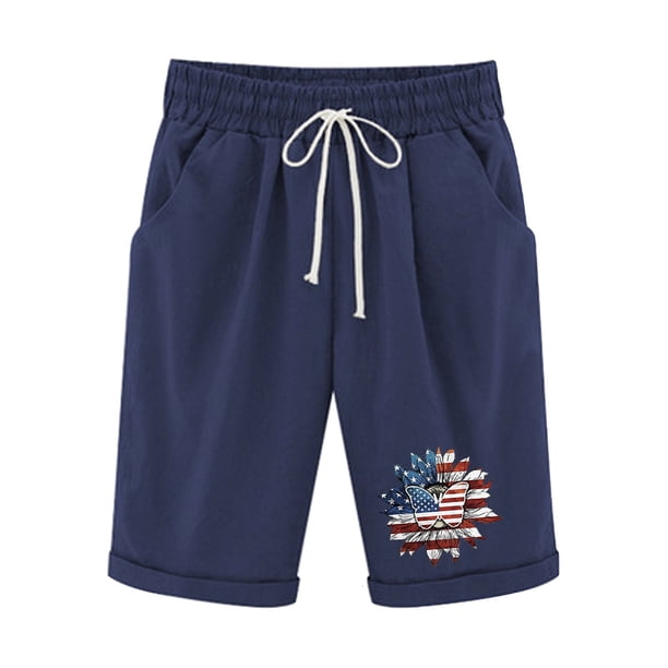 Pantalones Cortos Casuales para Mujer Día de la Independencia Impreso Elástico de la Cintura, Pantalones Cortos de Verano para Mujeres