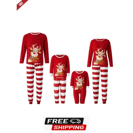 

Christmas Pajamas for Family Cartoon Elk Stripe Printing Long Sleeve Round Collar Sleepwear for Mom/Dad/Kid/Baby