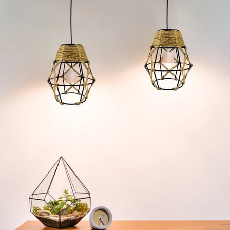 3 PCS Rope Lampshade, Handmade Woven Pendant Light Shades with Iron Frame, Bohemian Diamond Design for Living Room Bedroom Dining Room