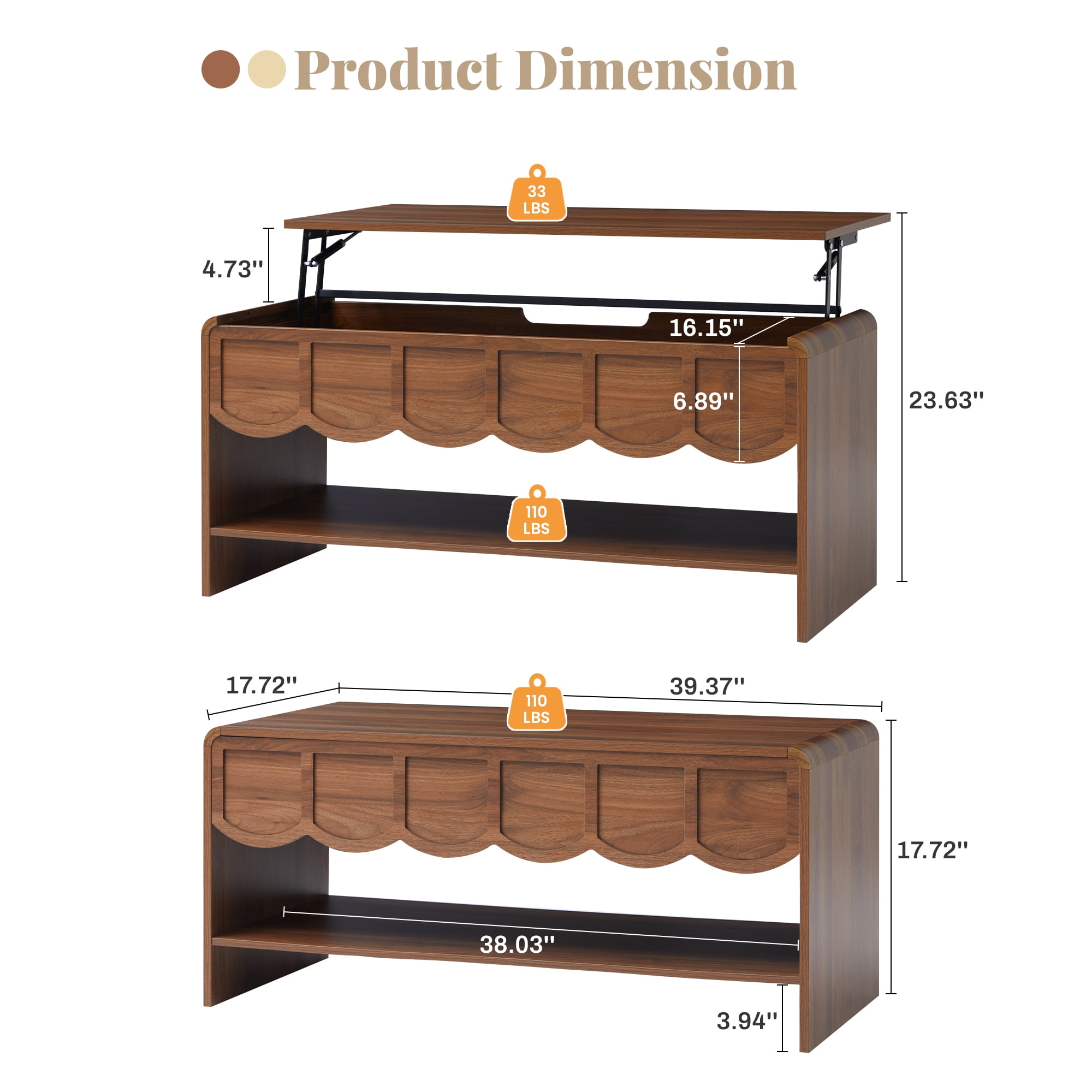 Wirrytor Lift Top Coffee Table with Storage for Living Room, Oval Coffee Table with Hidden Compartment and Open Shelf, Modern Center Table with Wave Edge Design and Hydraulic Lift