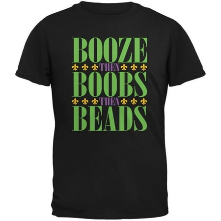 Mardi Gras Booze Boobs Beads Black Adult T-Shirt (Mardi Gras Best Boobs)