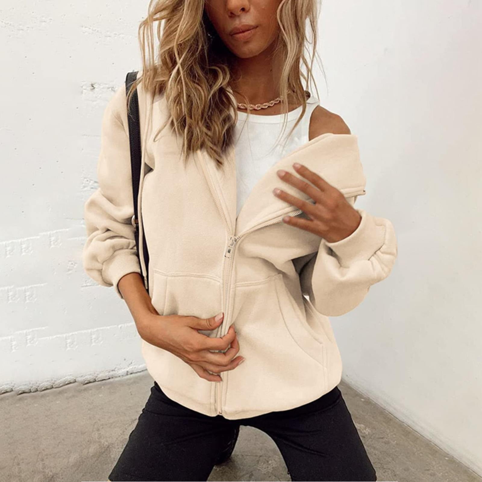 Women's Fall Jacket Oversized Pocket Sweatshirt Casual Drawstring Clothing Zipper Track Jacket Solid Color Long Sleeve Hooded Top